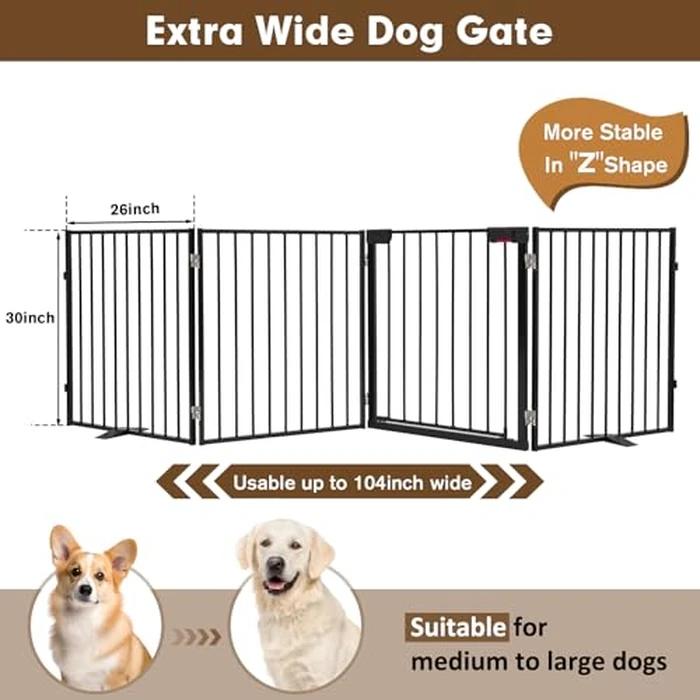 104" Dog Gate Extra Wide, Heavy Duty Metal Freestanding Dog Gate with Door for Indoor & Outdoor, Foldable Pet Fence for Doorways,House,Porch,Deck,Yard,Stairs, Auto Close(4 Panels,Black) by Furggis - Image 4