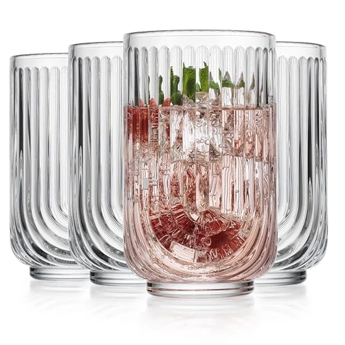Glaver's Vintage Glassware Art Deco Glasse Ribbed Drinking Glasses U-Shape Arch Design Colored Cocktail Kitchen Tumblers Everyday Dinner Decorative Party (Clear S/4 17oz) by Glaver's - Used - Like New condition