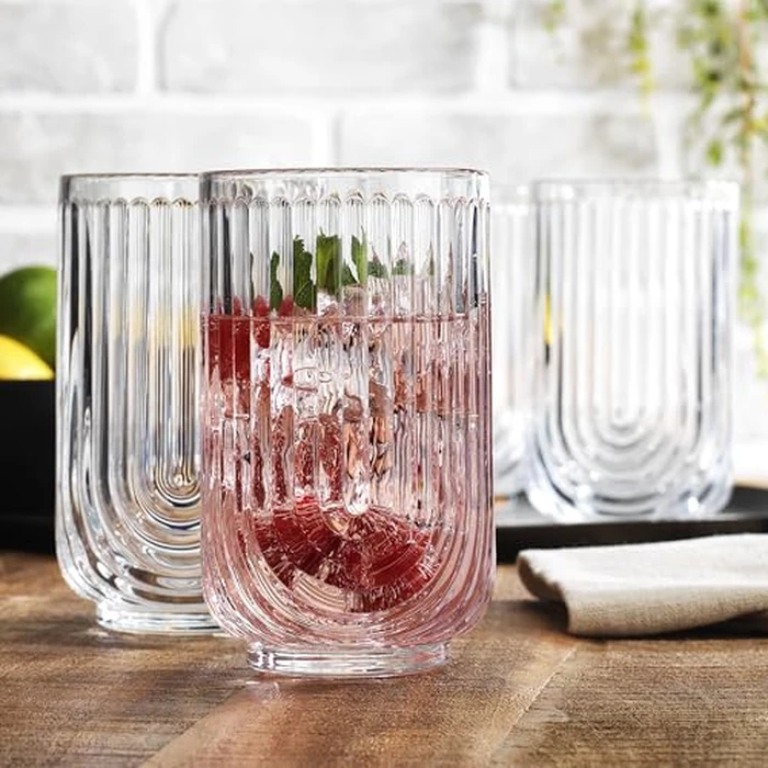 Glaver's Vintage Glassware Art Deco Glasse Ribbed Drinking Glasses U-Shape Arch Design Colored Cocktail Kitchen Tumblers Everyday Dinner Decorative Party (Clear S/4 17oz) by Glaver's - Image 2