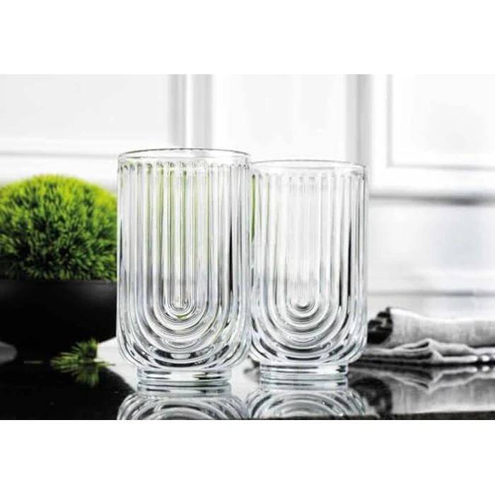 Glaver's Vintage Glassware Art Deco Glasse Ribbed Drinking Glasses U-Shape Arch Design Colored Cocktail Kitchen Tumblers Everyday Dinner Decorative Party (Clear S/4 17oz) by Glaver's - Image 4