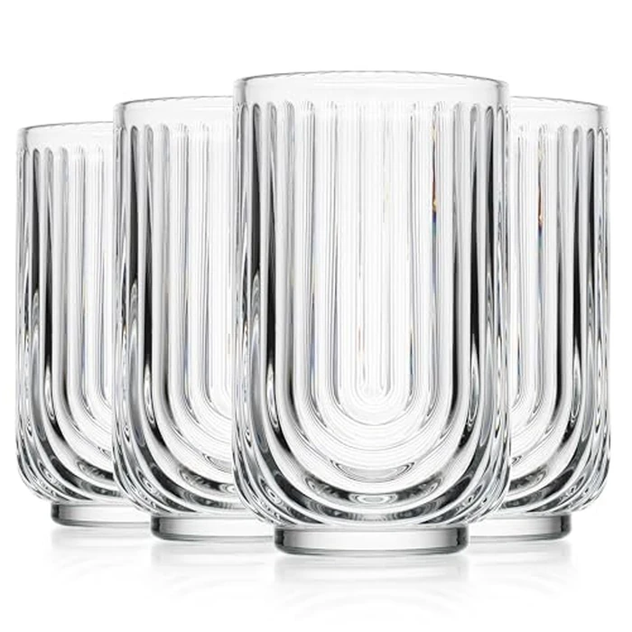 Glaver's Vintage Glassware Art Deco Glasse Ribbed Drinking Glasses U-Shape Arch Design Colored Cocktail Kitchen Tumblers Everyday Dinner Decorative Party (Clear S/4 17oz) by Glaver's - Image 8