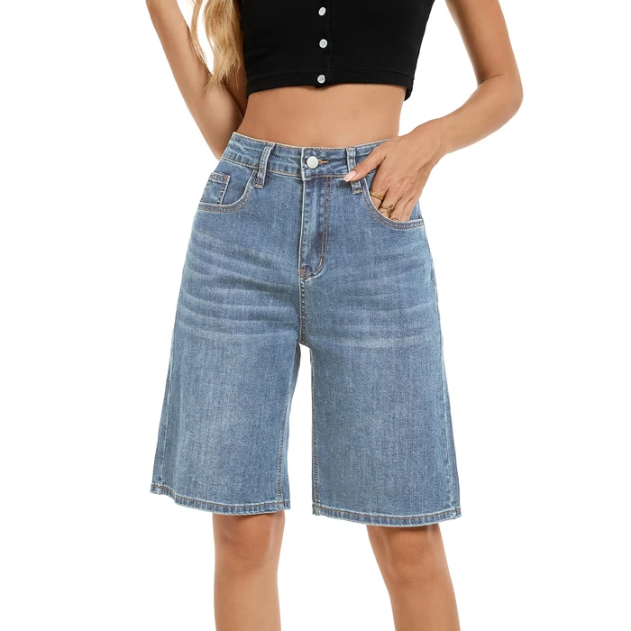 TOSATISFINE Jean Shorts for Women Trendy Stretchy High Waisted Denim Bermuda Shorts Knee Length Mom Jorts Vintage Blue S by TOSATISFINE - Image 1