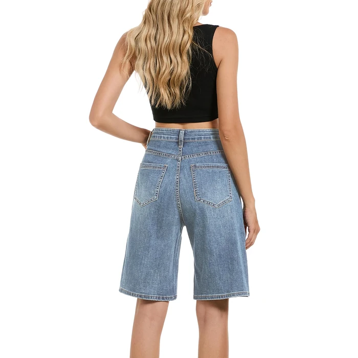 TOSATISFINE Jean Shorts for Women Trendy Stretchy High Waisted Denim Bermuda Shorts Knee Length Mom Jorts Vintage Blue S by TOSATISFINE - Image 6