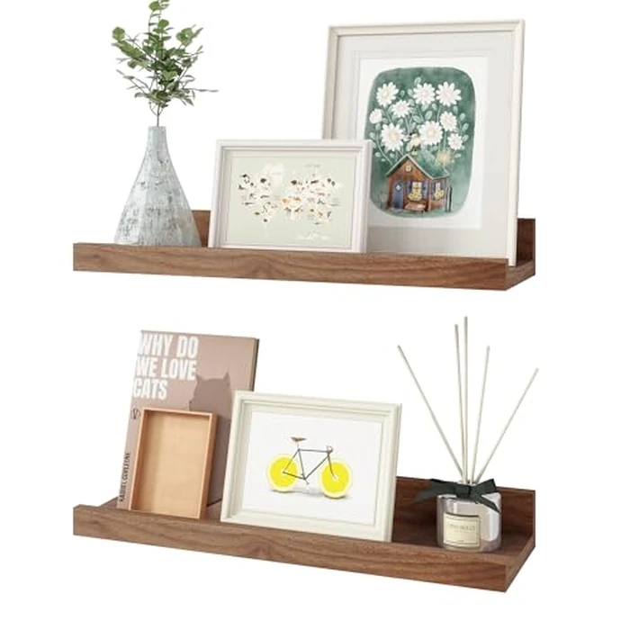 Heimlove Floating Shelves, 15.75 Inches Wall Shelves Set of 2, Wood Storage Shelves with Ledge Wall Mounted Floating Shelf for Living Room Kitchen Bedroom Books Photo Frames Decor, Walnet by Heimlove - Used - Good condition