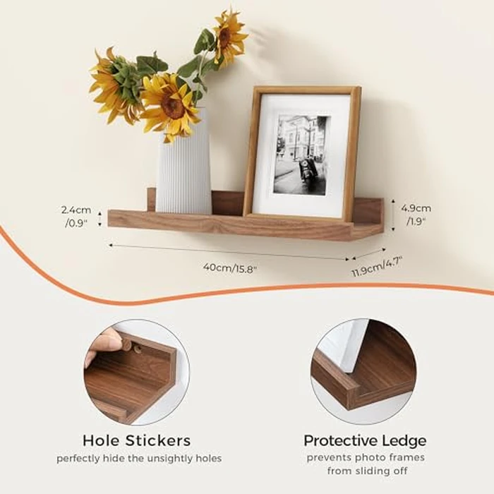 Heimlove Floating Shelves, 15.75 Inches Wall Shelves Set of 2, Wood Storage Shelves with Ledge Wall Mounted Floating Shelf for Living Room Kitchen Bedroom Books Photo Frames Decor, Walnet by Heimlove - Image 3
