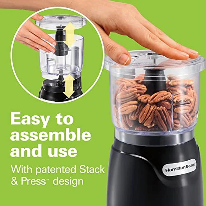 Hamilton Beach Stack & Press Food Chopper & Mini Food Processor, 350 Watts, 3 Cup Bowl, Stainless Steel Blades, for Chopping, Puree & Emulsify, Black, 72850G by Hamilton Beach - Image 2