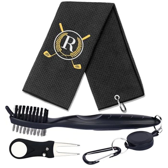 OXYEFEI Golf Towel Gift Set for Men Women,Golf Club Cleaner Brush Divot Repair Tool Microfiber Golf Towels with Embroidered Monogrammed,Golf Accessories for Men Women (Black, R) by OXYEFEI - Used - Very Good condition - CA$12.12