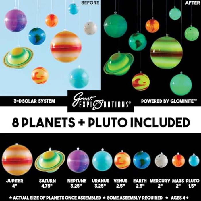 Great Explorations, 3-D Solar System Glow In The Dark Ceiling Hanging Kit 3D Planets and Star Stickers Create the Milky Way Teach Science STEM by University Games - Image 2