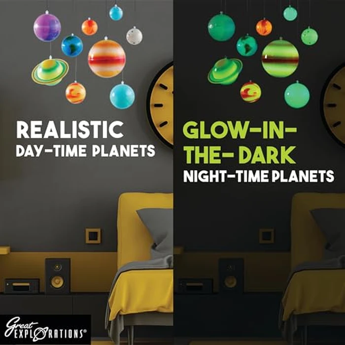 Great Explorations, 3-D Solar System Glow In The Dark Ceiling Hanging Kit 3D Planets and Star Stickers Create the Milky Way Teach Science STEM by University Games - Image 3