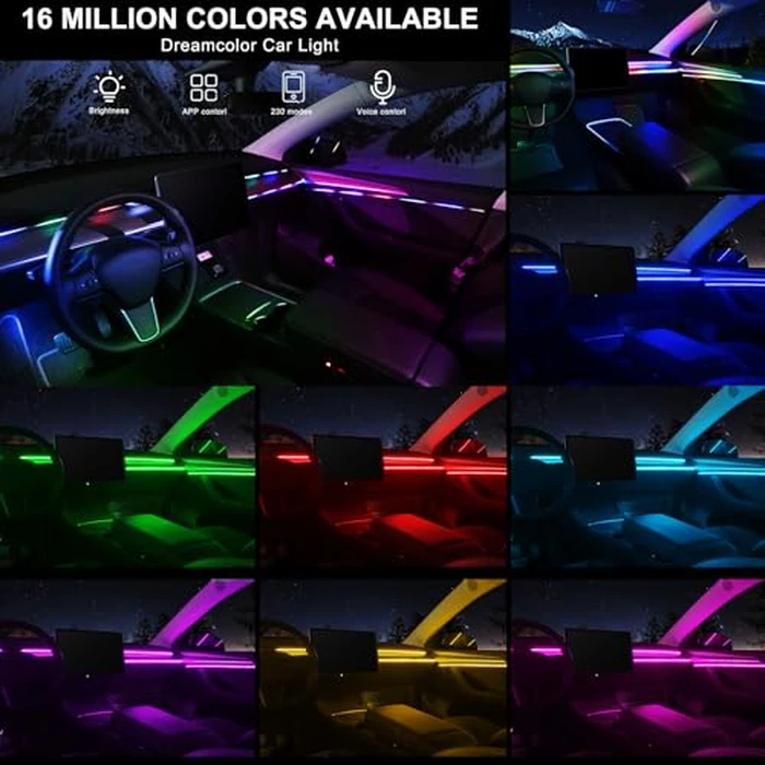 Dreamcolor Acrylic Interior Car LED Strip Light with Wireless APP, RGB 6 in 1 with 175 inches 593 LEDs Fiber Optic Strip Lights for Car, Dynamic Chasing Music Sync Neon Car Ambient Lighting Kits by MAODANER - Image 2