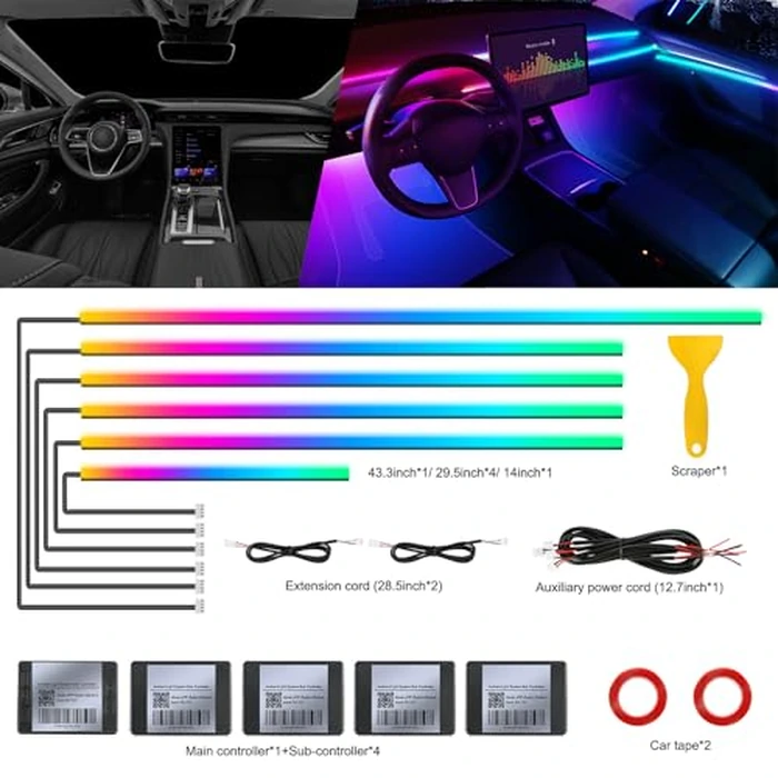 Dreamcolor Acrylic Interior Car LED Strip Light with Wireless APP, RGB 6 in 1 with 175 inches 593 LEDs Fiber Optic Strip Lights for Car, Dynamic Chasing Music Sync Neon Car Ambient Lighting Kits by MAODANER - Image 3