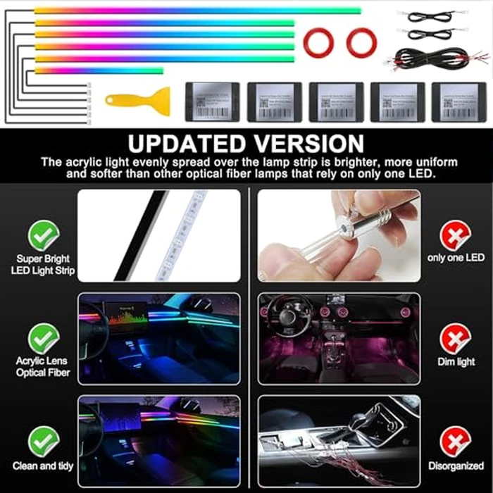 Dreamcolor Acrylic Interior Car LED Strip Light with Wireless APP, RGB 6 in 1 with 175 inches 593 LEDs Fiber Optic Strip Lights for Car, Dynamic Chasing Music Sync Neon Car Ambient Lighting Kits by MAODANER - Image 5