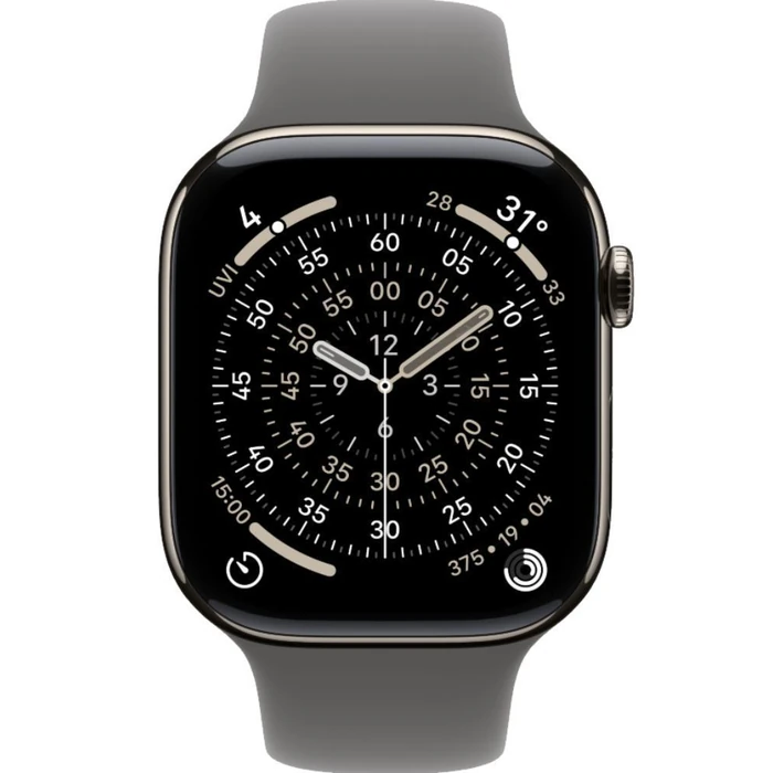 Apple Watch Series 11 (Cellular + GPS) - 64GB - 46mm - Natural Titanium Case with Stone Grey Silicone Sport Band - M/L Size by Apple - Image 1