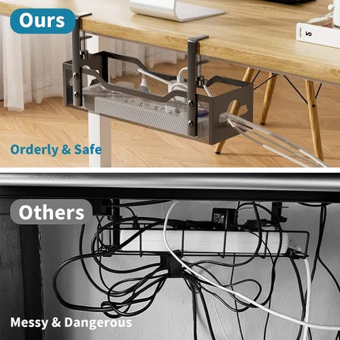 Under Desk Cable Management Tray No Drill, Metal Mesh Cable Management Under Desk with Clamp Mount, 2 Hole Cable Tray with Wire Management and Cord Organizer for Home Office Standing Desk by Litwaro - Image 4