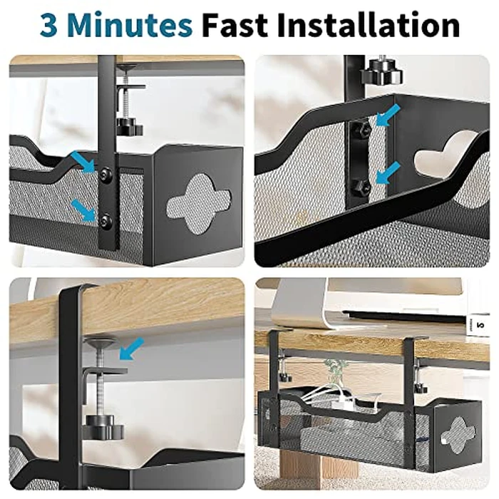 Under Desk Cable Management Tray No Drill, Metal Mesh Cable Management Under Desk with Clamp Mount, 2 Hole Cable Tray with Wire Management and Cord Organizer for Home Office Standing Desk by Litwaro - Image 6