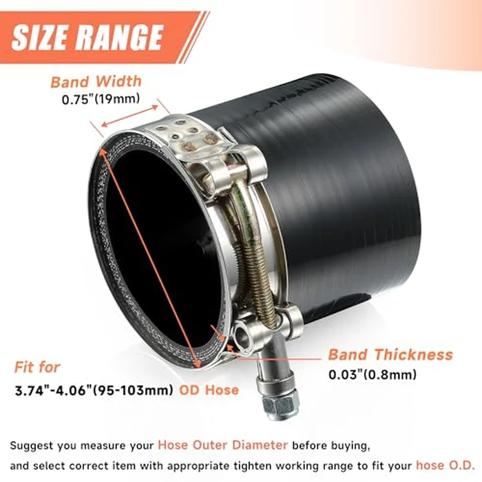 WYSIWYKA 2 Pack 3.5" T-Bolt Hose Clamps, 304 Stainless Steel Turbo Intake Clamp, Working Range 3.74"-4.06"(95-103mm) for 3.5" I.D. Hose with 5mm Wall Thickness.(Measure your hose O.D. before buying) by WYSIWYKA - Image 2
