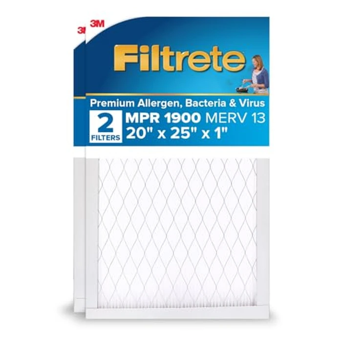 Filtrete 20x25x1 AC Furnace Air Filter, MERV 13, MPR 1900, Premium Allergen, Bacteria & Virus Filter, 3-Month Pleated 1-Inch Electrostatic Air Cleaning Filter, 2-Pack (Actual Size 19.69x24.69x0.78 in) by Filtrete - Image 1