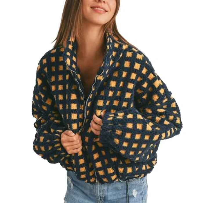 Keeliya Womens Checkered Sherpa Jacket Cropped Long Sleeve Plaid Fleece Coats Casual Zip Up Gingham Outwear with Pockets(Navy,S) by Keeliya - Image 1