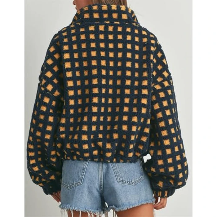 Keeliya Womens Checkered Sherpa Jacket Cropped Long Sleeve Plaid Fleece Coats Casual Zip Up Gingham Outwear with Pockets(Navy,S) by Keeliya - Image 4