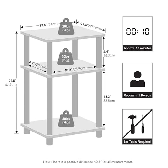 Furinno Just 3-Tier Turn-N-Tube Open Storage Nightstand, 1-Pack, Plastic Poles, Sonoma Oak/White by Furinno - Image 3