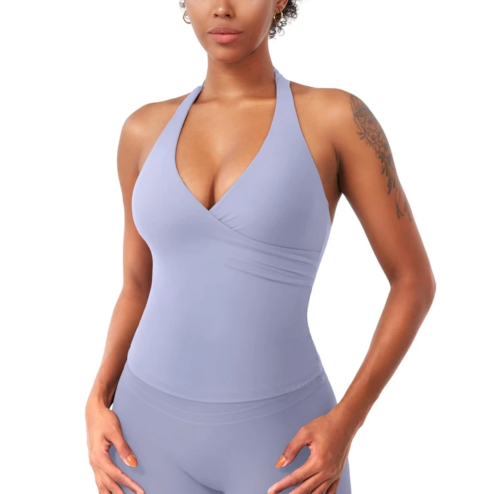 YEOREO Womens Halter Tank Tops Workout Impact Longline Strappy Top Padded Deep V Neck Wrap Gym Backless Bra Camisole Granite Blue L by YEOREO - Used - Like New condition