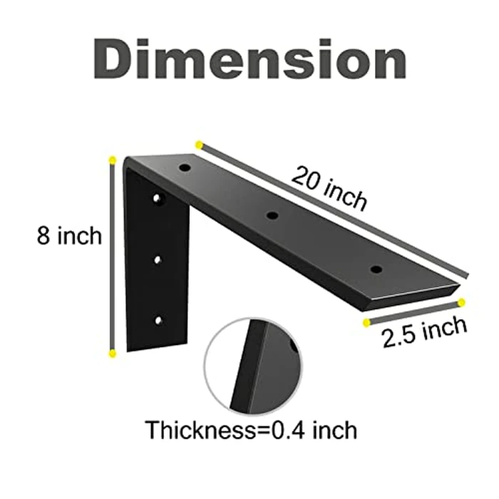 WINKER Countertop Support Bracket 6 Pack Heavy Duty 3/8" Thick Hidden L Shelf Bracket 20" x 8" x 2.5" Metal Corbels for Quartz/Granite/Wood/Concrete/Laminate Countertops, Black (6 Hole) by WINKER - Image 2