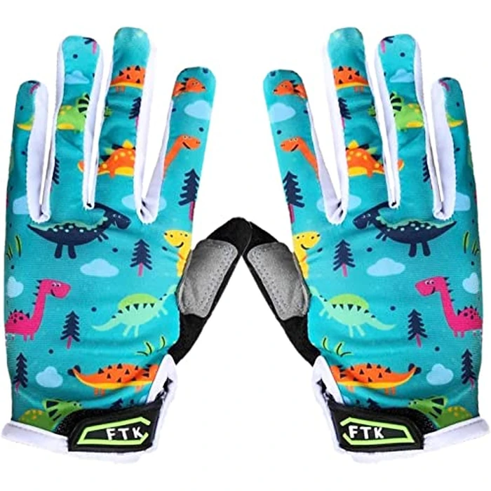 Cycling Gloves Kids Boys Girls Youth Full Finger Pair Bike Riding, Children Toddler Touch Screen Mountain Road Bicycle Cold Weather Gel Padded, Color Green Blue Orange Age 2-11 (XX-Large, Dinosaur) by FINGER TEN - Used - Very Good condition - CA$17.17