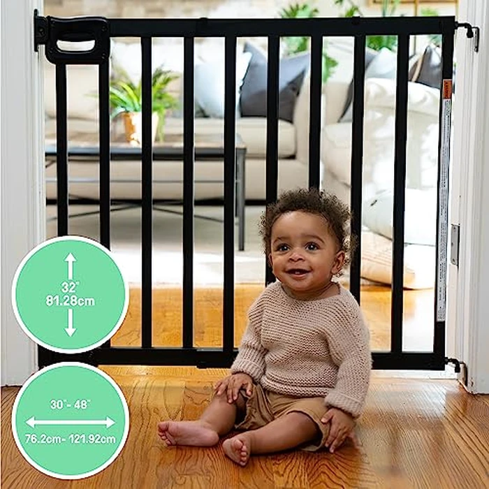 Summer Infant Summer Deluxe Stairway Simple to Secure Wood Safety Baby Gate, Fits Openings 30-48" Wide, for Doorways & Stairways, 32" Tall Walk-Through Baby & Pet Gate, Black, One Size by Ingenuity - Image 2