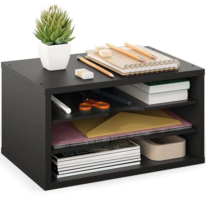 Ballucci File Organizer, 3-Tier Document Paper Sorter, Stackable Wood Desk Organizer, Mail Sorter and Monitor Stand with Storage Shelves, Black by Ballucci - Used - Like New condition - CA$72.57