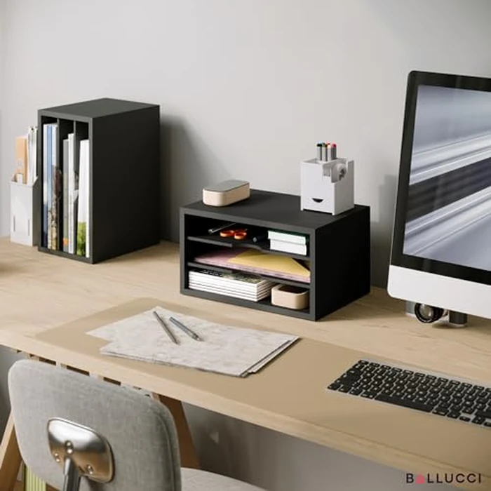 Ballucci File Organizer, 3-Tier Document Paper Sorter, Stackable Wood Desk Organizer, Mail Sorter and Monitor Stand with Storage Shelves, Black by Ballucci - Image 2