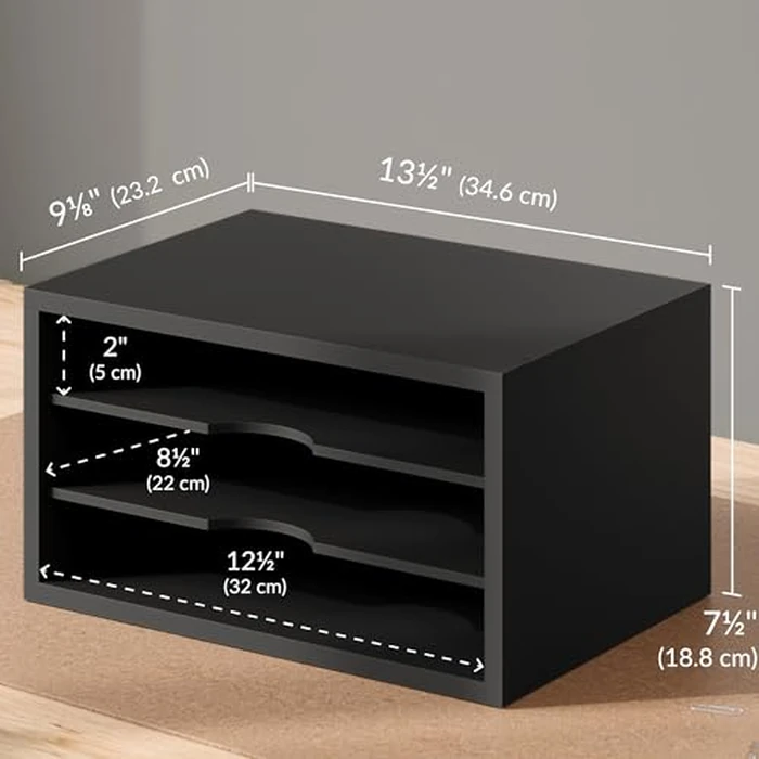 Ballucci File Organizer, 3-Tier Document Paper Sorter, Stackable Wood Desk Organizer, Mail Sorter and Monitor Stand with Storage Shelves, Black by Ballucci - Image 3