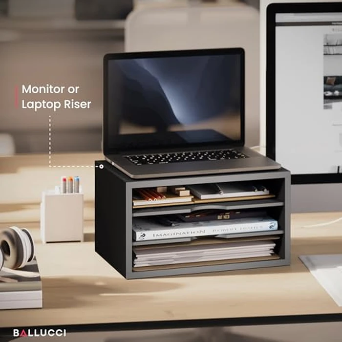 Ballucci File Organizer, 3-Tier Document Paper Sorter, Stackable Wood Desk Organizer, Mail Sorter and Monitor Stand with Storage Shelves, Black by Ballucci - Image 4