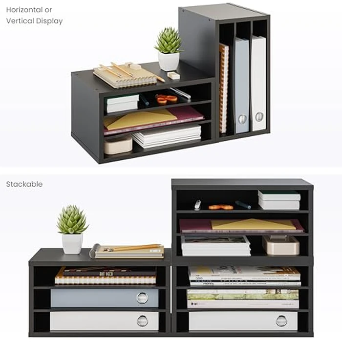 Ballucci File Organizer, 3-Tier Document Paper Sorter, Stackable Wood Desk Organizer, Mail Sorter and Monitor Stand with Storage Shelves, Black by Ballucci - Image 5