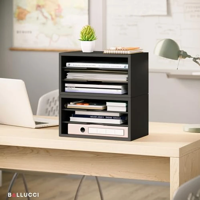 Ballucci File Organizer, 3-Tier Document Paper Sorter, Stackable Wood Desk Organizer, Mail Sorter and Monitor Stand with Storage Shelves, Black by Ballucci - Image 6