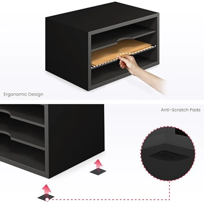 Ballucci File Organizer, 3-Tier Document Paper Sorter, Stackable Wood Desk Organizer, Mail Sorter and Monitor Stand with Storage Shelves, Black by Ballucci - Image 7