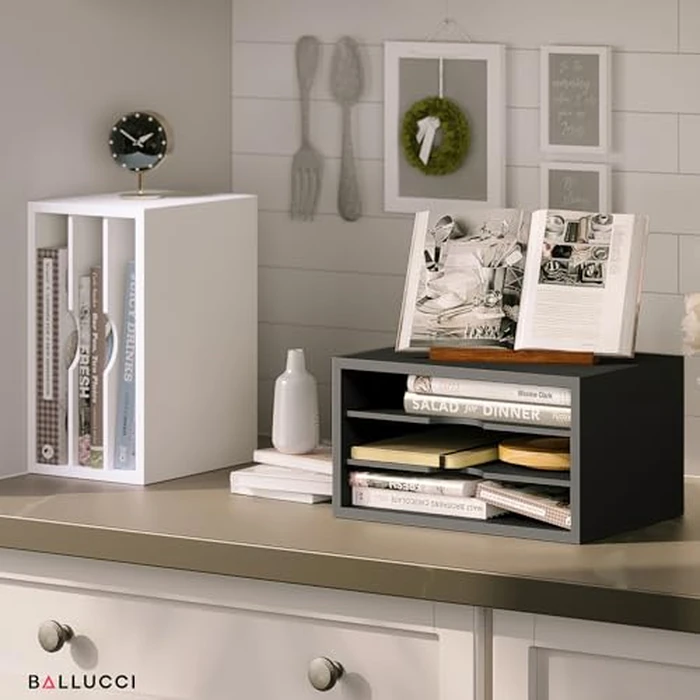 Ballucci File Organizer, 3-Tier Document Paper Sorter, Stackable Wood Desk Organizer, Mail Sorter and Monitor Stand with Storage Shelves, Black by Ballucci - Image 8