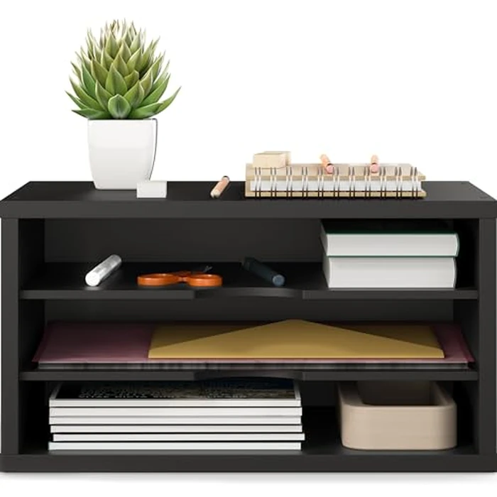 Ballucci File Organizer, 3-Tier Document Paper Sorter, Stackable Wood Desk Organizer, Mail Sorter and Monitor Stand with Storage Shelves, Black by Ballucci - Image 9