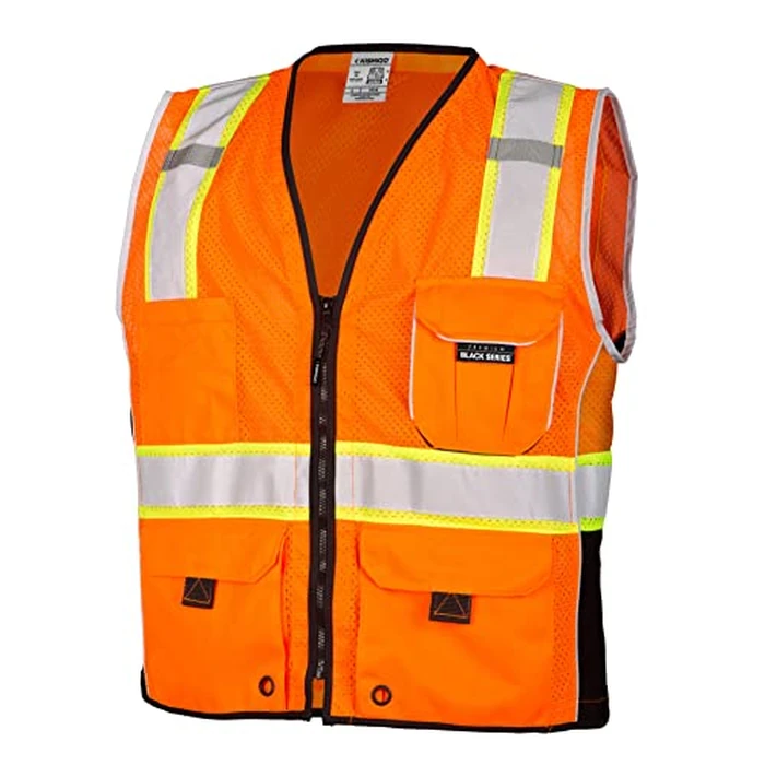 Kishigo Premium Black Series Heavy Duty Reflective Safety Vest 1514, ANSI Type R/Class 2 Compliant, 6 Pockets - Pencil and Radio Pockets, Reflective Silver Lining and Black Trim (Orange, M) by Kishigo - Used - Very Good condition