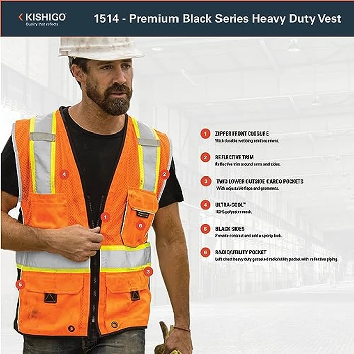 Kishigo Premium Black Series Heavy Duty Reflective Safety Vest 1514, ANSI Type R/Class 2 Compliant, 6 Pockets - Pencil and Radio Pockets, Reflective Silver Lining and Black Trim (Orange, M) by Kishigo - Image 4