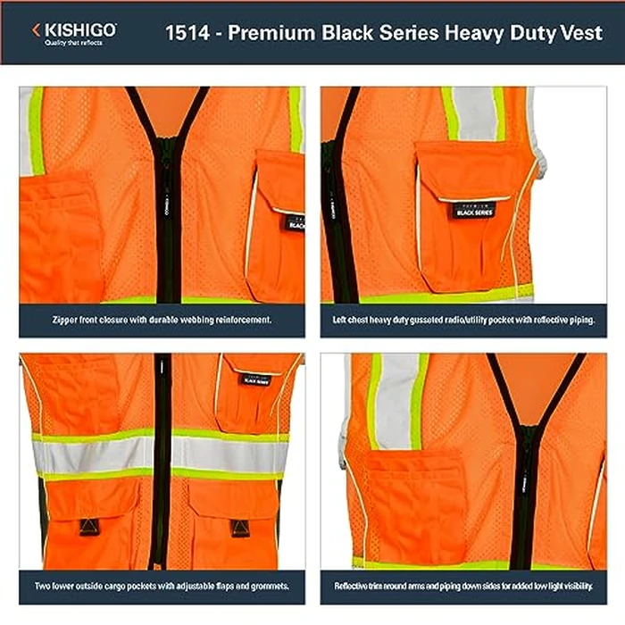 Kishigo Premium Black Series Heavy Duty Reflective Safety Vest 1514, ANSI Type R/Class 2 Compliant, 6 Pockets - Pencil and Radio Pockets, Reflective Silver Lining and Black Trim (Orange, M) by Kishigo - Image 5