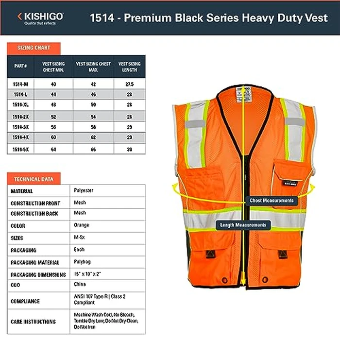 Kishigo Premium Black Series Heavy Duty Reflective Safety Vest 1514, ANSI Type R/Class 2 Compliant, 6 Pockets - Pencil and Radio Pockets, Reflective Silver Lining and Black Trim (Orange, M) by Kishigo - Image 6