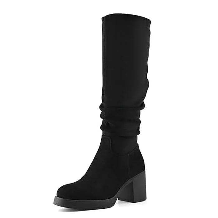 Shoe'N Tale Knee High Boots for Women Chunky Heel Platform Slouchy Stretchy Suede Round Toe with Side Zipper Fall and Winter Fashion Comfortable Boots(8.5,Black) by Shoe'N Tale - Used - Like New condition - US$25.27