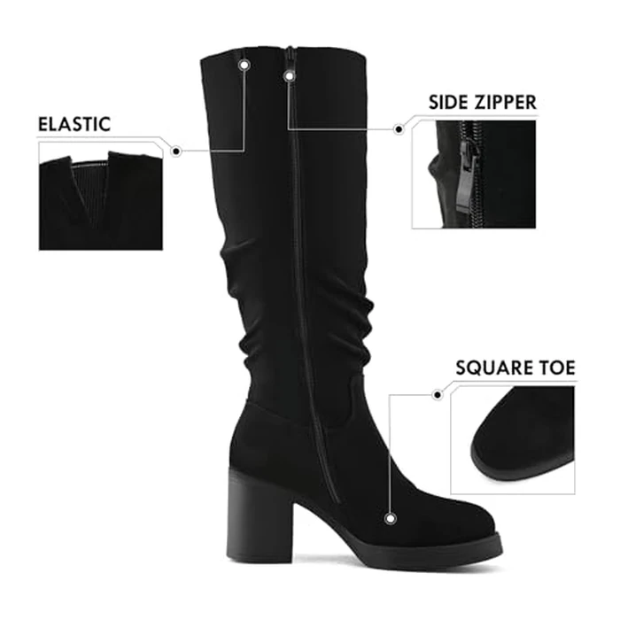 Shoe'N Tale Knee High Boots for Women Chunky Heel Platform Slouchy Stretchy Suede Round Toe with Side Zipper Fall and Winter Fashion Comfortable Boots(8.5,Black) by Shoe'N Tale - Image 3