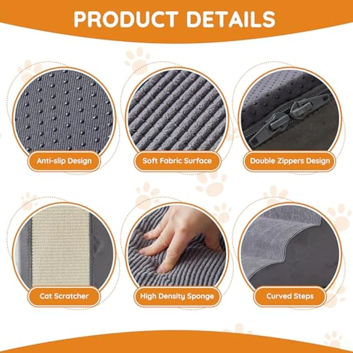 Dog Stairs for Small Dogs, 4-Step Dog Ramp for Bed 19.7" H, Dogs Steps for Bed, Couch, Pet Stairs with Non-Slip Bottom Design, Cat Scratching, High Density Foam Portable Pet Steps, Indoor, Grey by Ahpmeoa - Image 3