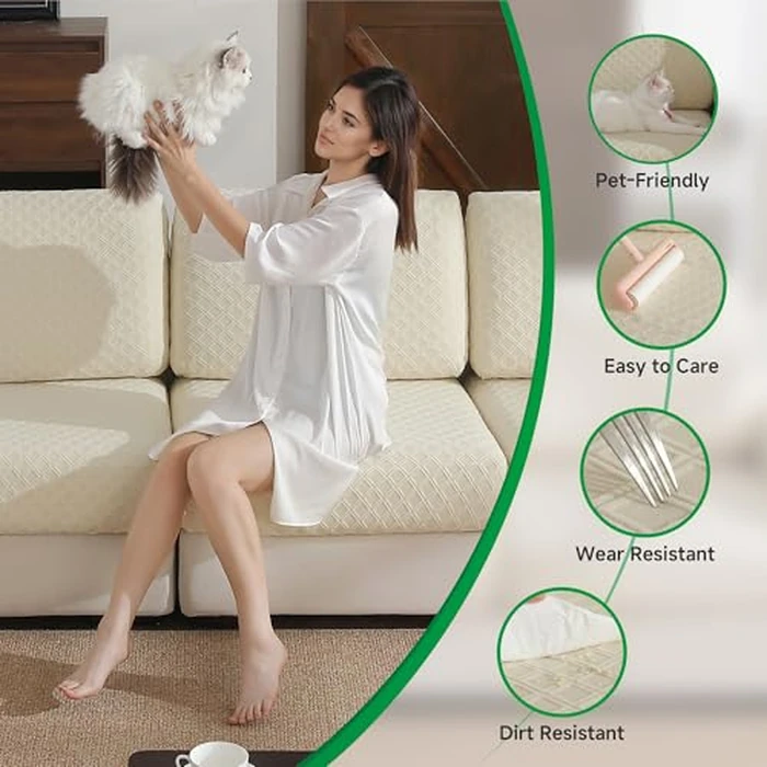 OHSIO Couch Cover, Stretch Sofa Cover, Soft Seat Cushion Covers Washable, Sectional L Shape Sofa Slipcover, Wear Stain Resistant Pet Friendly Furniture Protector for Home(1 Back Cover, Ivory) by OHSIO - Image 3