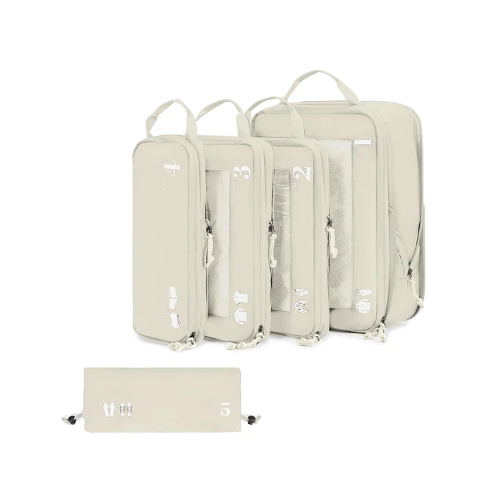 ECOHUB 5 Set Compression Packing Cubes for Suitcases Organiser Bags Set Travel Essentials with Shoe Bag for Traveling Tear-resistant Travel Accessories with ID Tag Expandable Packing Bags(Beige) by ECOHUB - Used - Like New condition