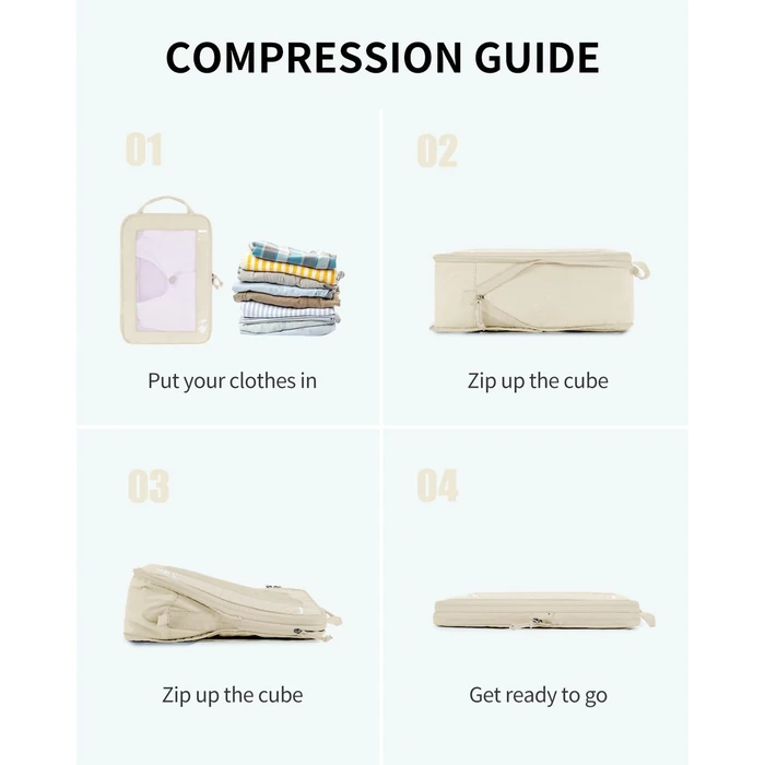 ECOHUB 5 Set Compression Packing Cubes for Suitcases Organiser Bags Set Travel Essentials with Shoe Bag for Traveling Tear-resistant Travel Accessories with ID Tag Expandable Packing Bags(Beige) by ECOHUB - Image 2