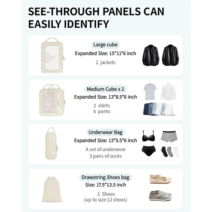 ECOHUB 5 Set Compression Packing Cubes for Suitcases Organiser Bags Set Travel Essentials with Shoe Bag for Traveling Tear-resistant Travel Accessories with ID Tag Expandable Packing Bags(Beige) by ECOHUB - Image 6