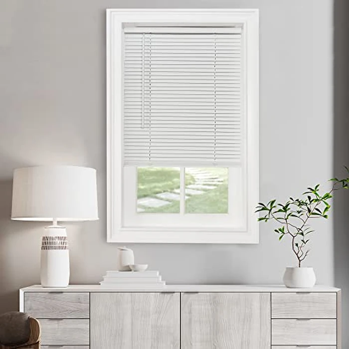 Cordless Light Filtering Mini Blind - 27 Inch Width, 64 Inch Length, 1" Slat Size - Pearl White - Cordless GII Morningstar Horizontal Windows Blinds for Interior by Achim Home Decor by ACHIM - Used - Very Good condition - US$16.44
