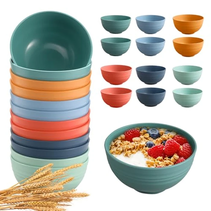 HEYCOME 12 Pcs Unbreakable Cereal Bowls Set, 26 Oz Wheat Straw Bowls Set, Microwave & Dishwasher Safe Rice Bowls for Kitchen, Reusable Plastic Bowls for Soup, Salad and Snack, BPA Free, Multicolor by HEYCOME - Used - Like New condition - US$16.14